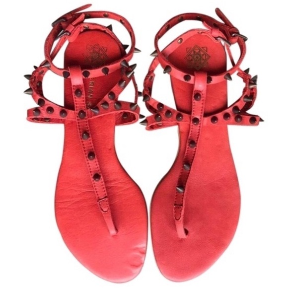 Marian Saud cherry red leather and metal studded ankle-strap gladiator sandals - Picture 2 of 9